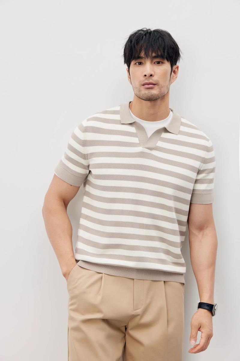 Striped Ribbed Merino Wool Polo Shirt | Mens Polo Shirts Clothing Mens